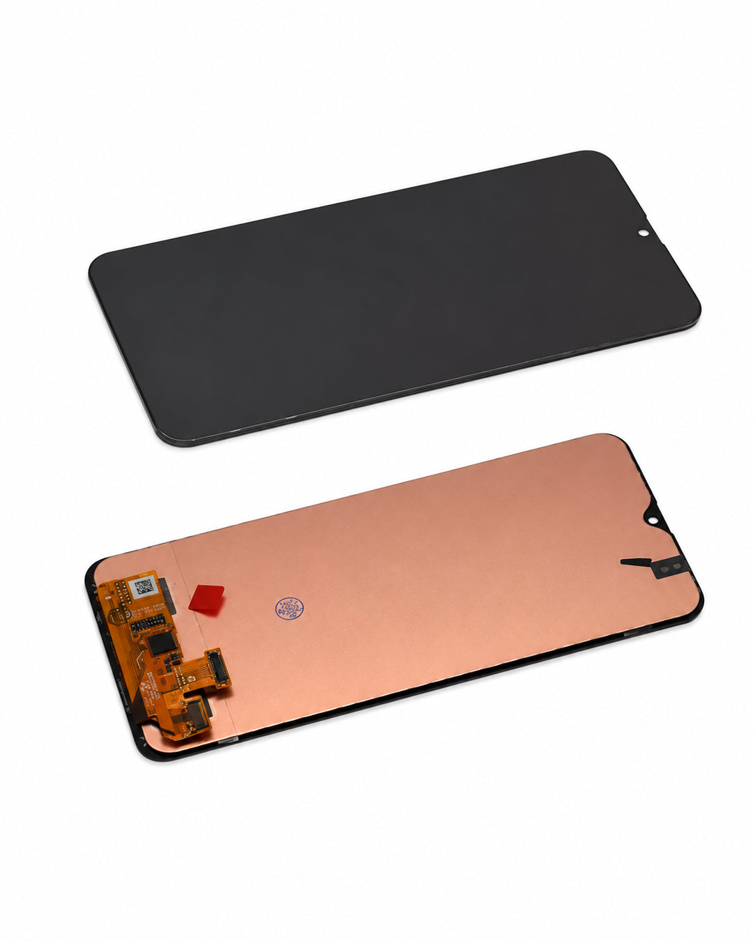A replacement smartphone display screen assembly shown from both sides: the front black glass panel at the top and the back side with copper-colored panel, flex cable, and circuitry at the bottom, on a white background.