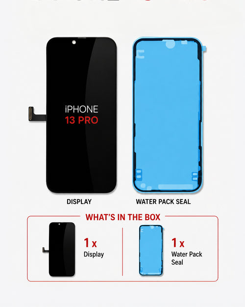 Replacement screen display and water pack seal for an iPhone 13 Pro, shown on a light gray background with a 'What's in the box' section below.