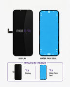 A replacement iPhone 13 Pro display and water pack seal kit shown on a light gray background. The image displays the black replacement screen on the left and the blue water pack seal on the right, with text labels 'DISPLAY' and 'WATER PACK SEAL'.