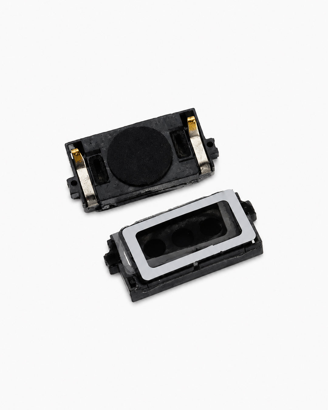 Two small black electronic button module components with gold metal contacts and a silver inner frame, photographed on a clean white background.