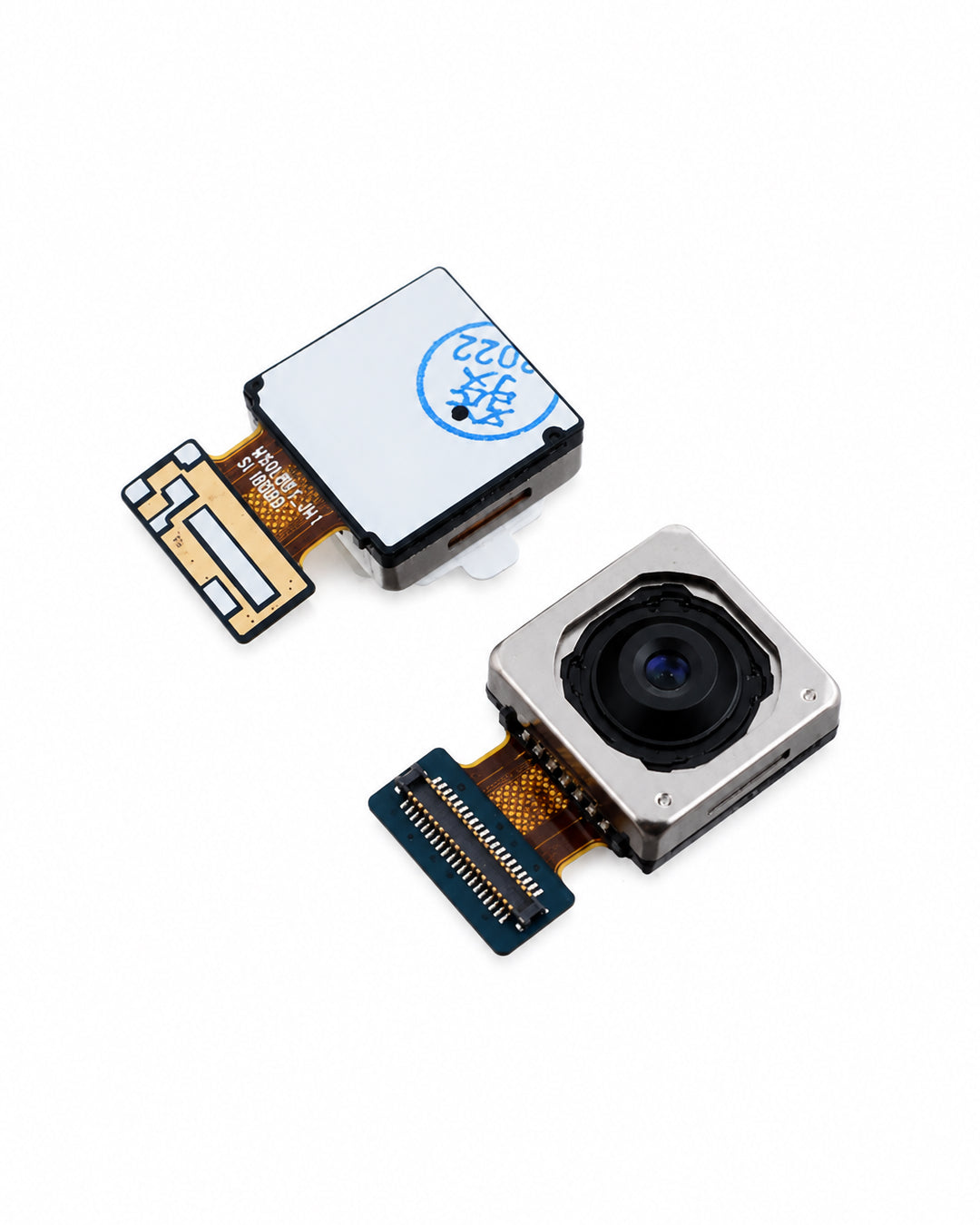 Two small electronic camera module components on a clean white background, one showing the back with a white protective cover and blue stamp, and the other showing the front with a lens and flex cable.