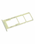 A replacement SIM card tray frame for mobile phones, made of light beige plastic with printed black text indicating slot details, shown on a plain white background.