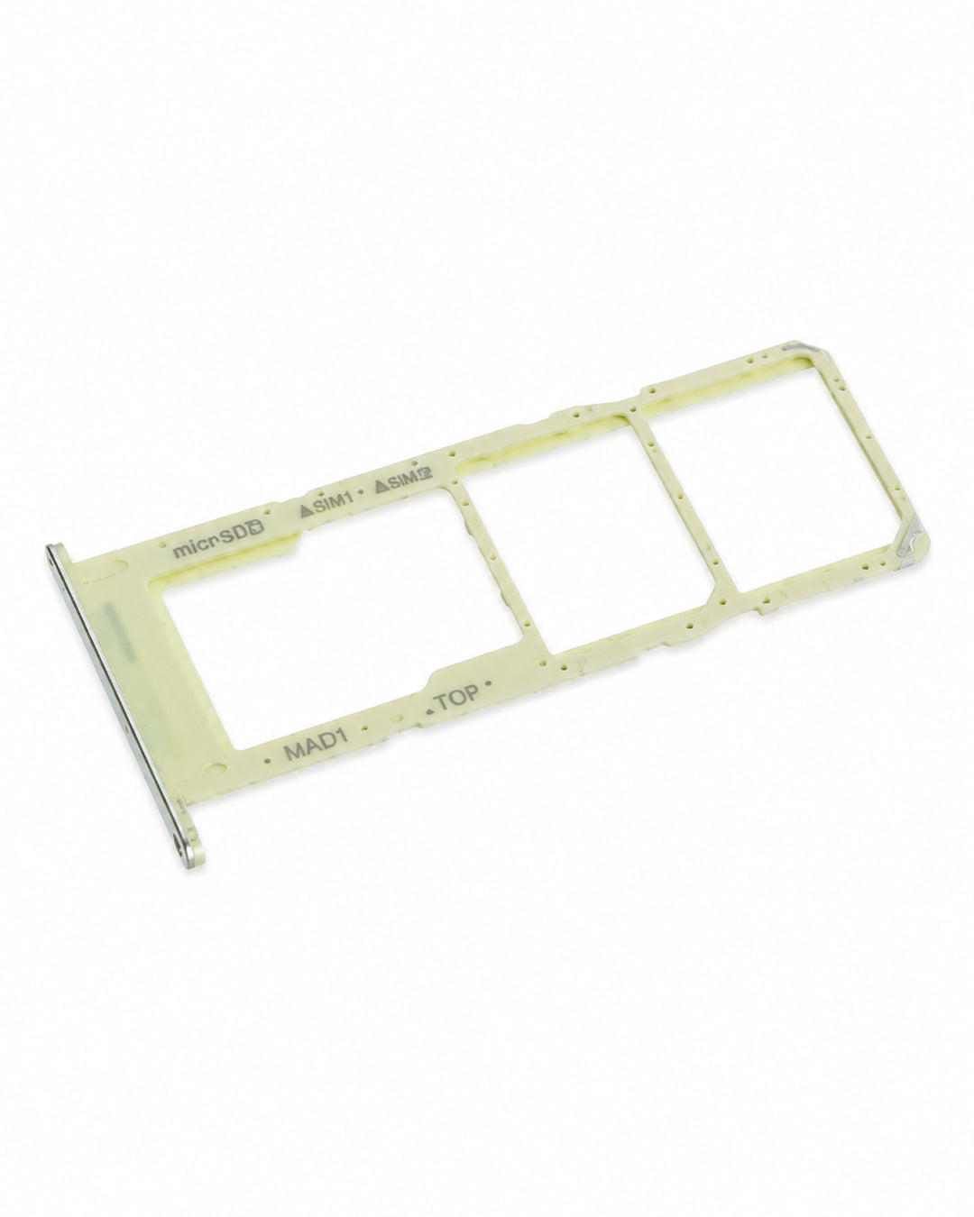 A replacement SIM card tray frame for mobile phones, made of light beige plastic with printed black text indicating slot details, shown on a plain white background.