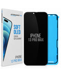 Aftermarket HD iPhone 13 Pro Max screen replacement kit, showing the retail box, a black replacement glass panel, and a bright blue protective liner on a white background.