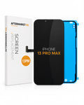 Aftermarket HQ iPhone 13 Pro Max screen replacement part, showing the black replacement panel, the blue inner frame, and the white retail box on a white background.