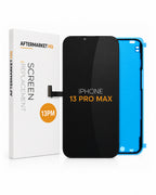 Aftermarket HQ iPhone 13 Pro Max screen replacement part, showing the black replacement panel, the blue inner frame, and the white retail box on a white background.