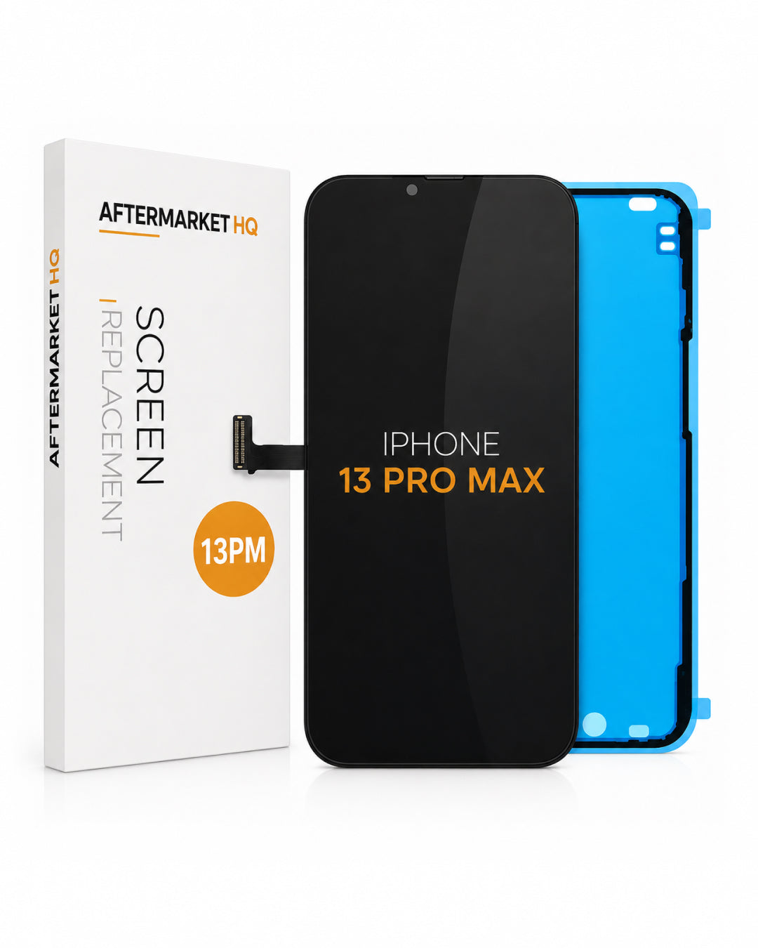 Aftermarket HQ iPhone 13 Pro Max screen replacement part, showing the black replacement panel, the blue inner frame, and the white retail box on a white background.