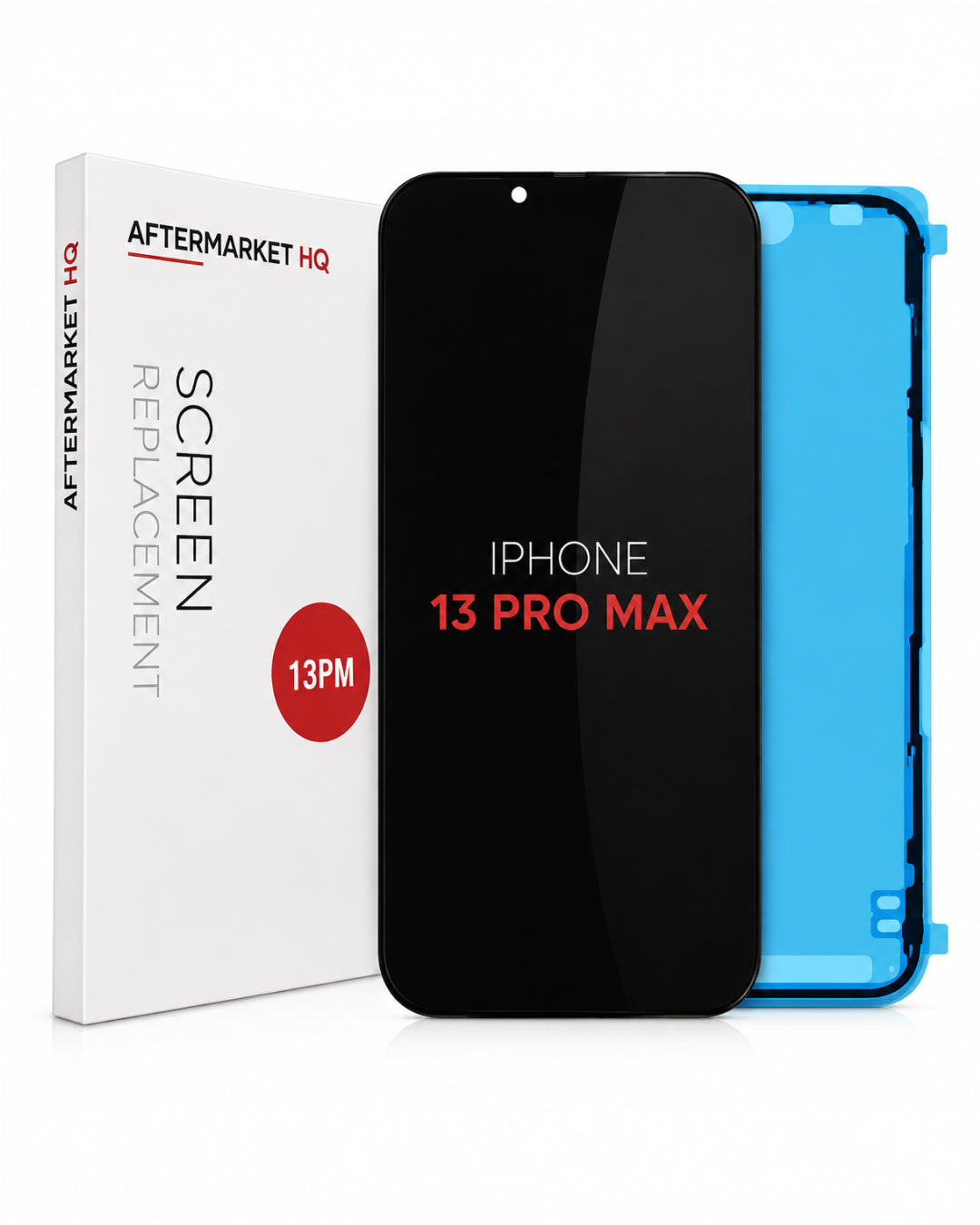 A replacement screen for an iPhone 13 Pro Max by Aftermarket HQ, shown with the retail box, a black screen panel, and a blue protective liner.