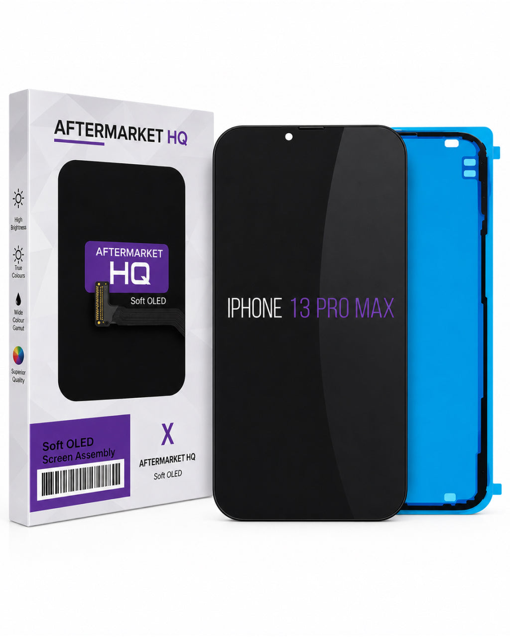 A replacement iPhone 13 Pro Max screen assembly by Aftermarket HQ, shown with its retail packaging box. The screen assembly consists of a black front display panel and a bright blue back plate, displayed next to the white and purple branded box.