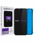 A replacement iPhone 13 Pro Max screen assembly by Aftermarket HQ, shown with its retail packaging box. The screen assembly consists of a black front display panel and a bright blue back plate, displayed next to the white and purple branded box.