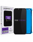 A replacement iPhone 13 Pro Max screen assembly by Aftermarket HQ, shown with its retail packaging box. The screen assembly consists of a black front display panel and a bright blue back plate, displayed next to the white and purple branded box.