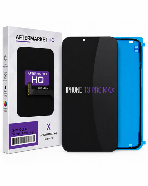 A replacement iPhone 13 Pro Max screen assembly by Aftermarket HQ, shown with its retail packaging box. The screen assembly consists of a black front display panel and a bright blue back plate, displayed next to the white and purple branded box.