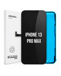 A replacement screen assembly for an iPhone 13 Pro Max, shown with its white original packaging box on a clean white background. The screen assembly features a glossy black front panel with white text and a bright blue backing plate.