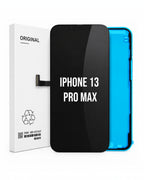A replacement screen assembly for an iPhone 13 Pro Max, shown with its white original packaging box on a clean white background. The screen assembly features a glossy black front panel with white text and a bright blue backing plate.
