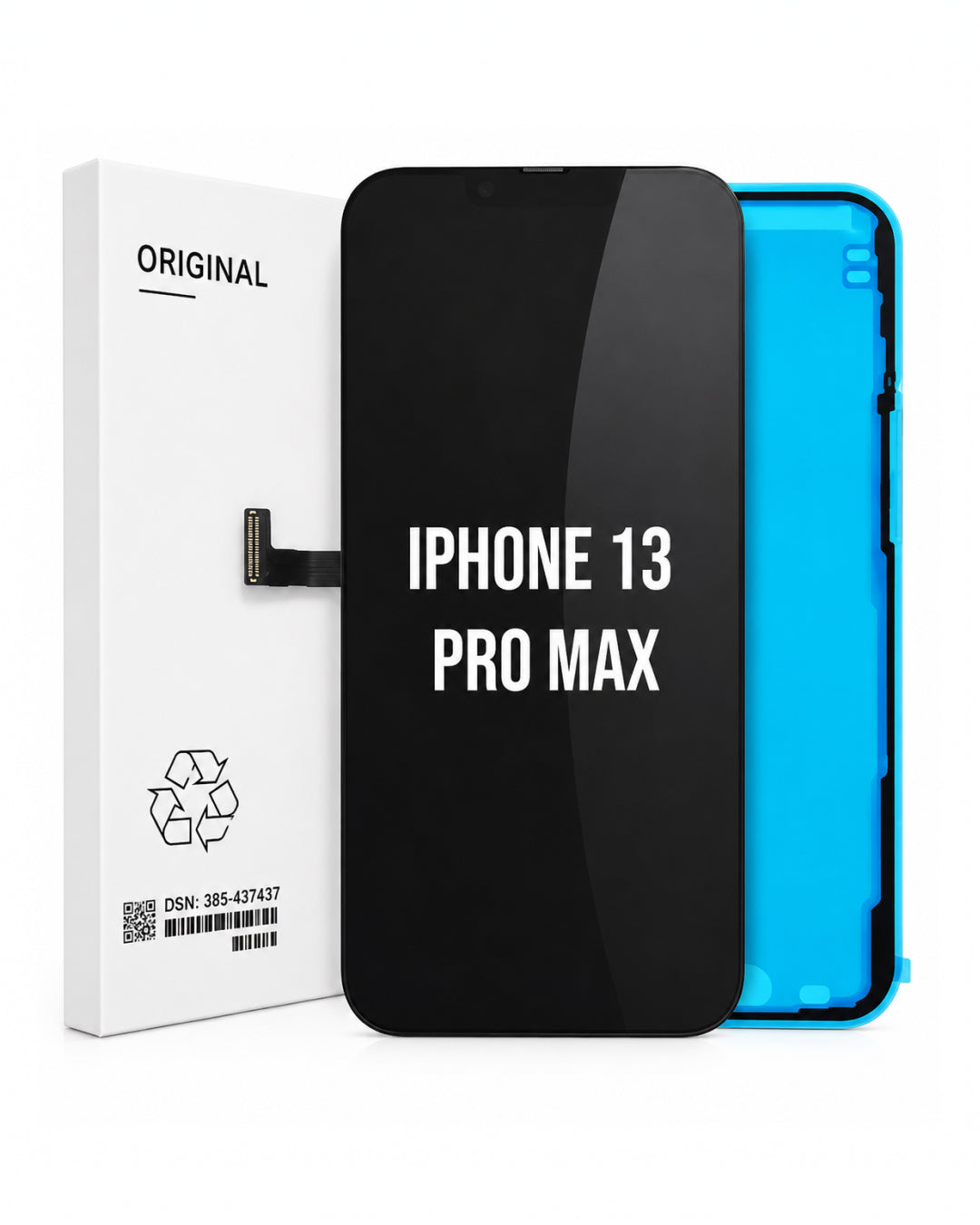 A replacement screen assembly for an iPhone 13 Pro Max, shown with its white original packaging box on a clean white background. The screen assembly features a glossy black front panel with white text and a bright blue backing plate.