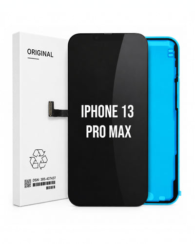 A replacement screen assembly for an iPhone 13 Pro Max, shown with its white original packaging box on a clean white background. The screen assembly features a glossy black front panel with white text and a bright blue backing plate.