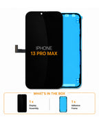A replacement display panel and adhesive frame for an iPhone 13 Pro Max, shown on a white background with a 'What's in the box' summary at the bottom.