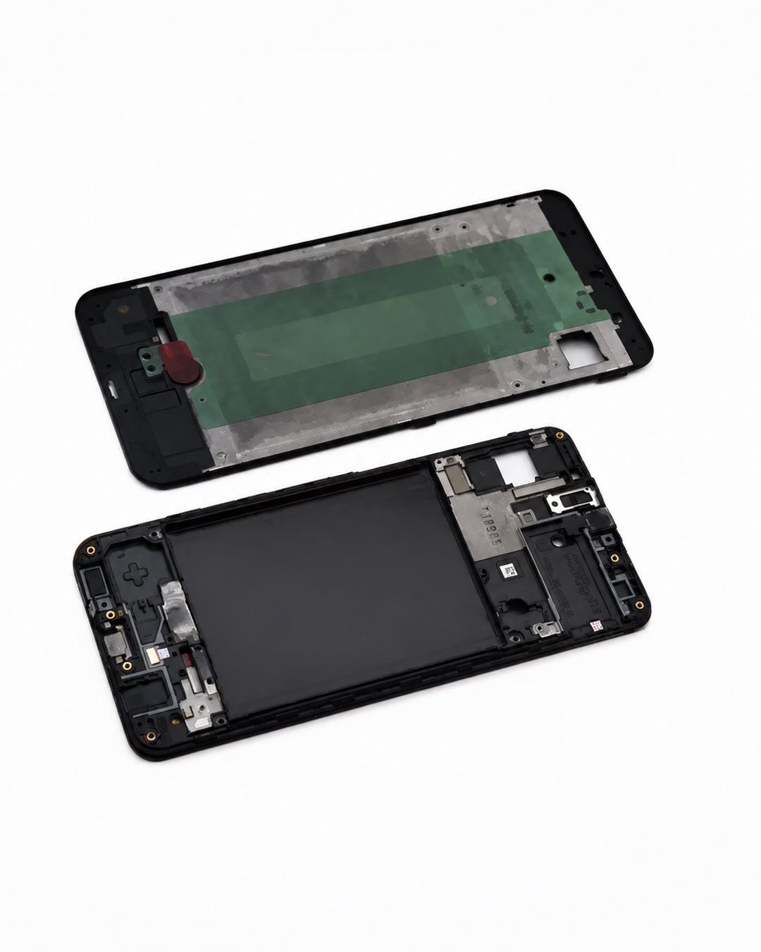 A disassembled smartphone showing the black front glass panel and the internal green circuit board assembly, photographed on a clean white background.