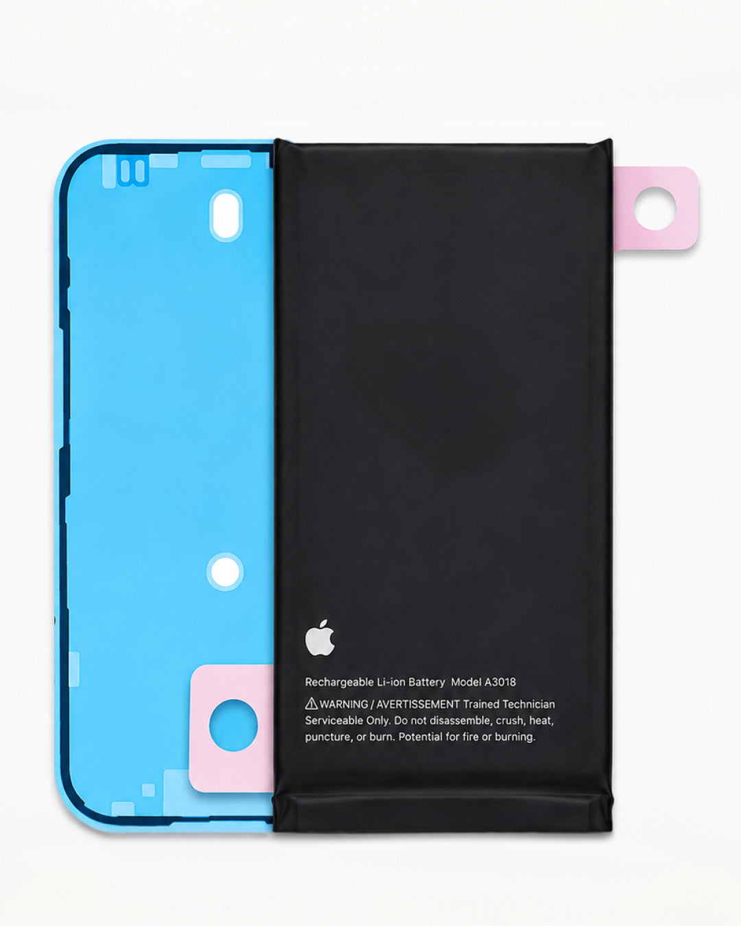 A replacement rechargeable Li-ion battery for an Apple iPhone, showing both the black outer casing with printed warning labels and the blue inner terminal plate, with pink protective film peeling back in the corners.