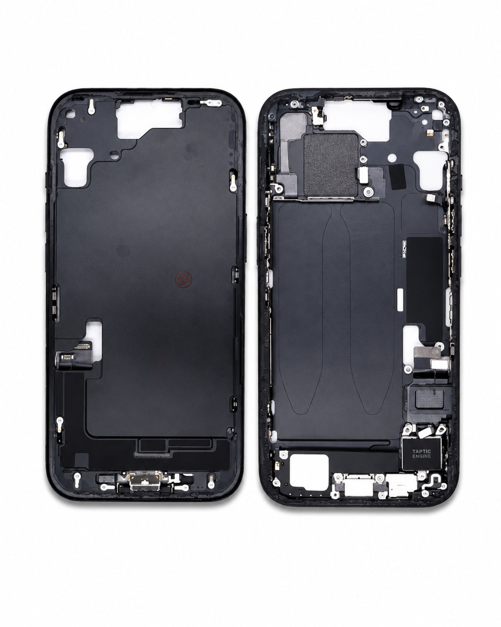 A replacement smartphone front glass display panel and its corresponding internal frame assembly, shown side-by-side on a clean white background.
