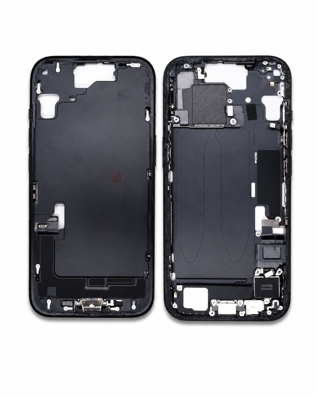 A replacement smartphone front glass display panel and its corresponding internal frame assembly, shown side-by-side on a clean white background.