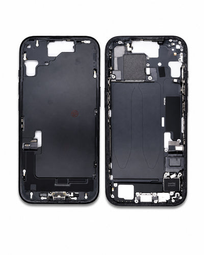 A replacement smartphone front glass display panel and its corresponding internal frame assembly, shown side-by-side on a clean white background.