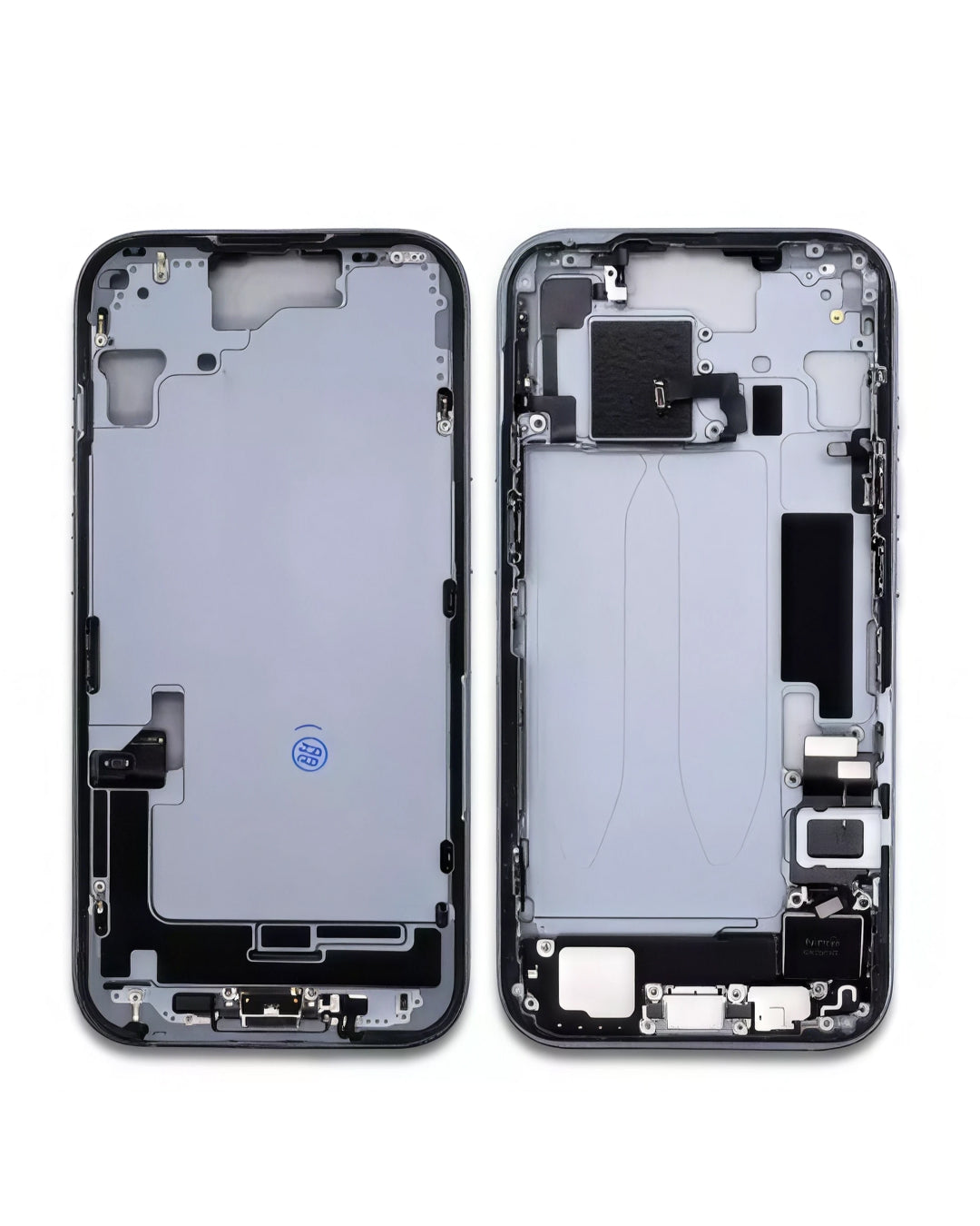 A replacement smartphone front and back glass faceplate assembly, displayed side-by-side on a clean white background.