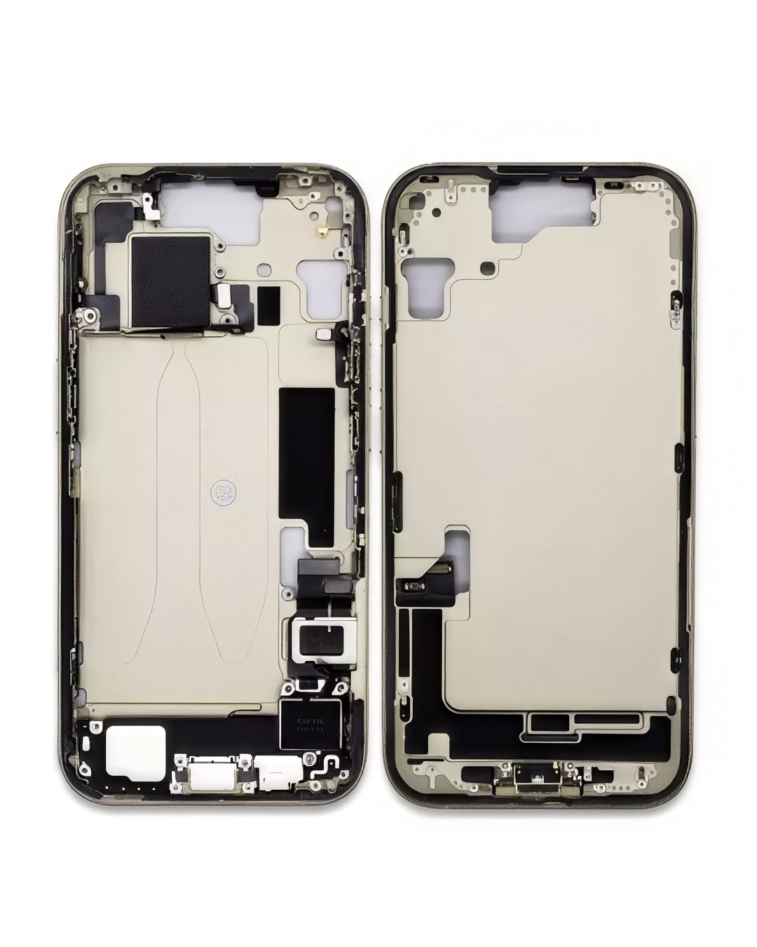 A replacement smartphone front and back outer frame assembly, shown side-by-side on a plain white background.