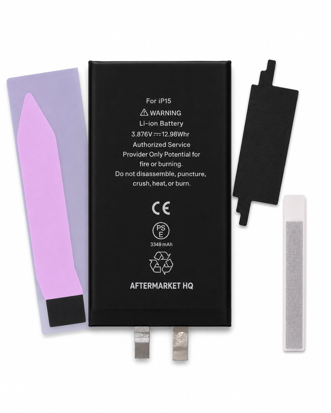 A replacement Li-ion battery for an iPhone, shown with its four mounting accessories: a purple plastic撬棒, a black plastic tab, a white adhesive strip, and a gray sanding block. The battery is branded 'AFTERMARKET HQ'.