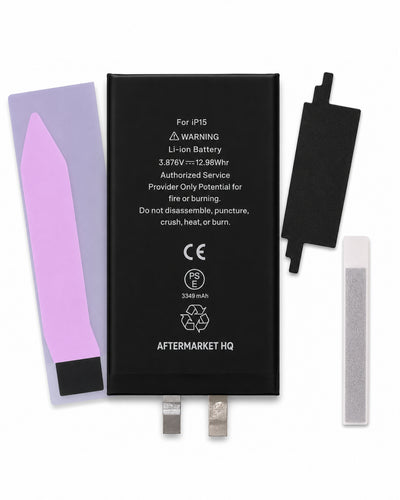 A replacement Li-ion battery for an iPhone, shown with its four mounting accessories: a purple plastic撬棒, a black plastic tab, a white adhesive strip, and a gray sanding block. The battery is branded 'AFTERMARKET HQ'.