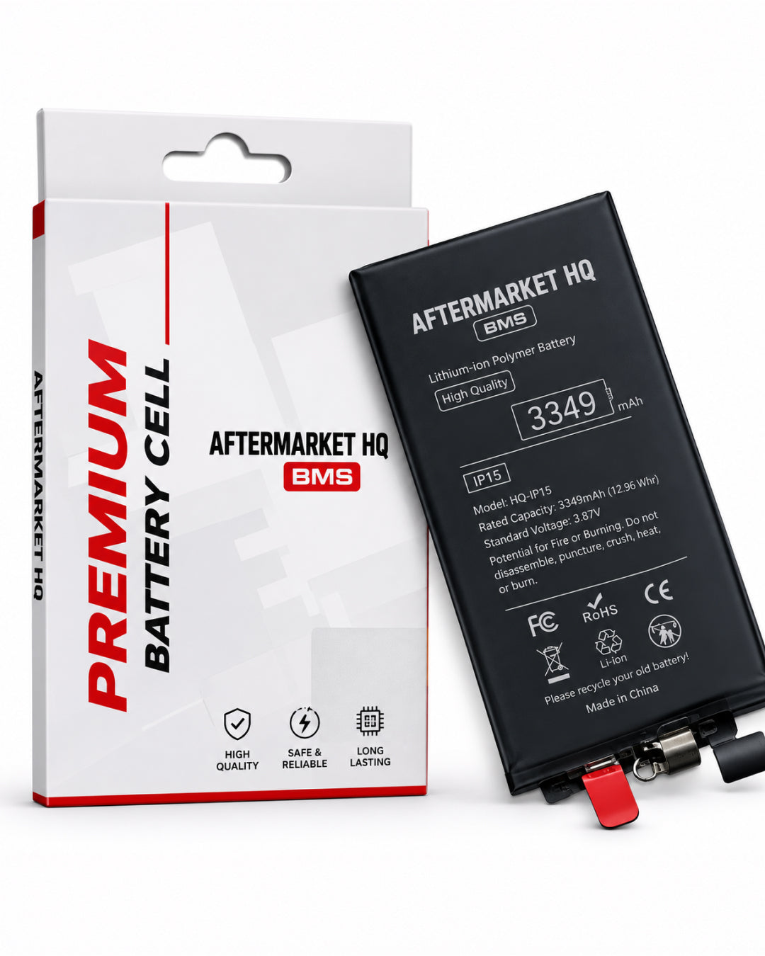 A black Aftermarket HQ BMS lithium-ion replacement battery shown next to its white retail packaging box with red and black accents, on a clean white background.