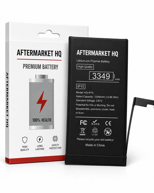 Aftermarket HQ premium lithium-ion polymer battery shown next to its retail packaging box. The battery is black with white text and a digital battery icon indicating 3349 mAh.
