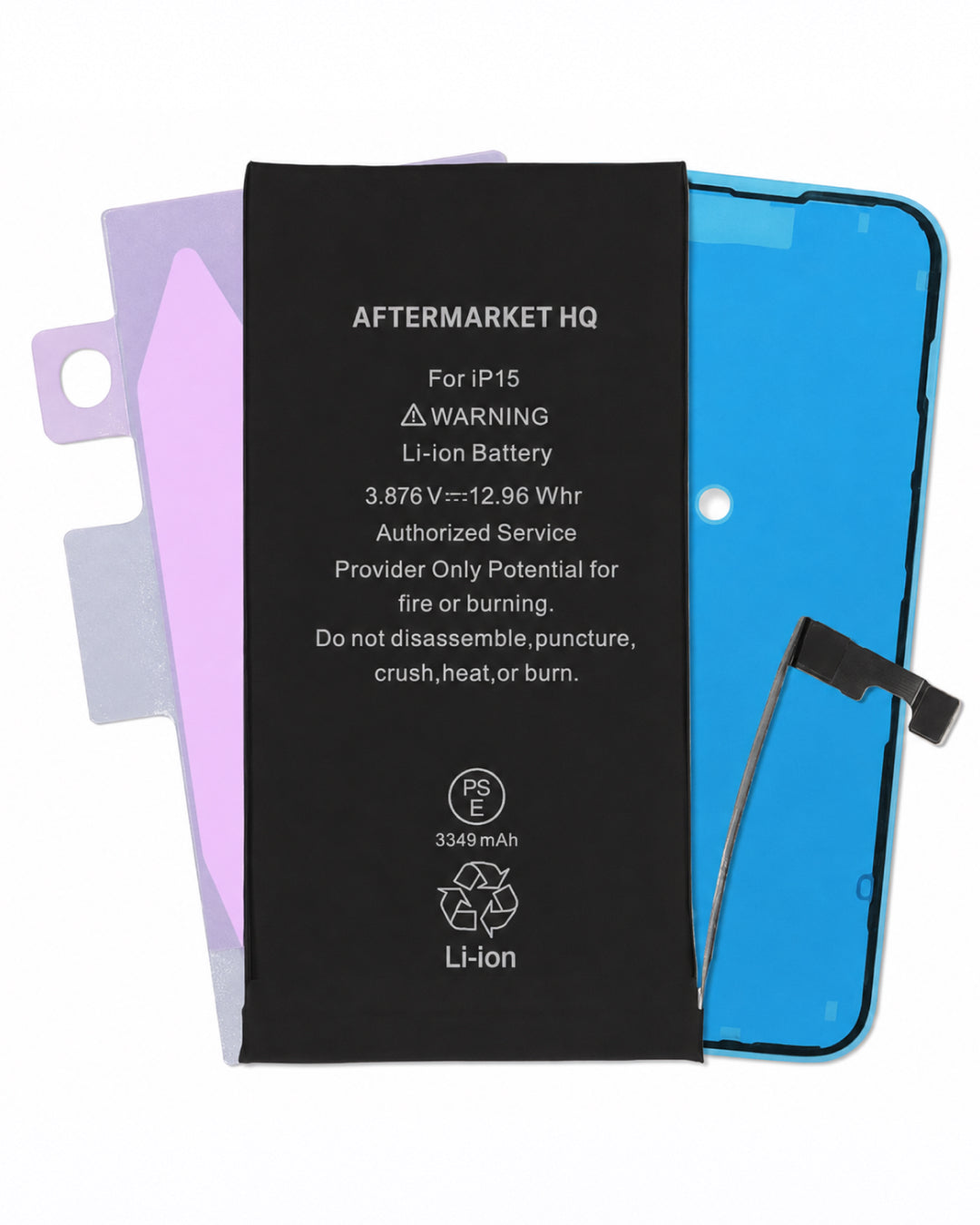 A replacement Li-ion battery pack for an IP15 smartphone, shown with its black printed label and two protective purple adhesive film sheets on a white background.