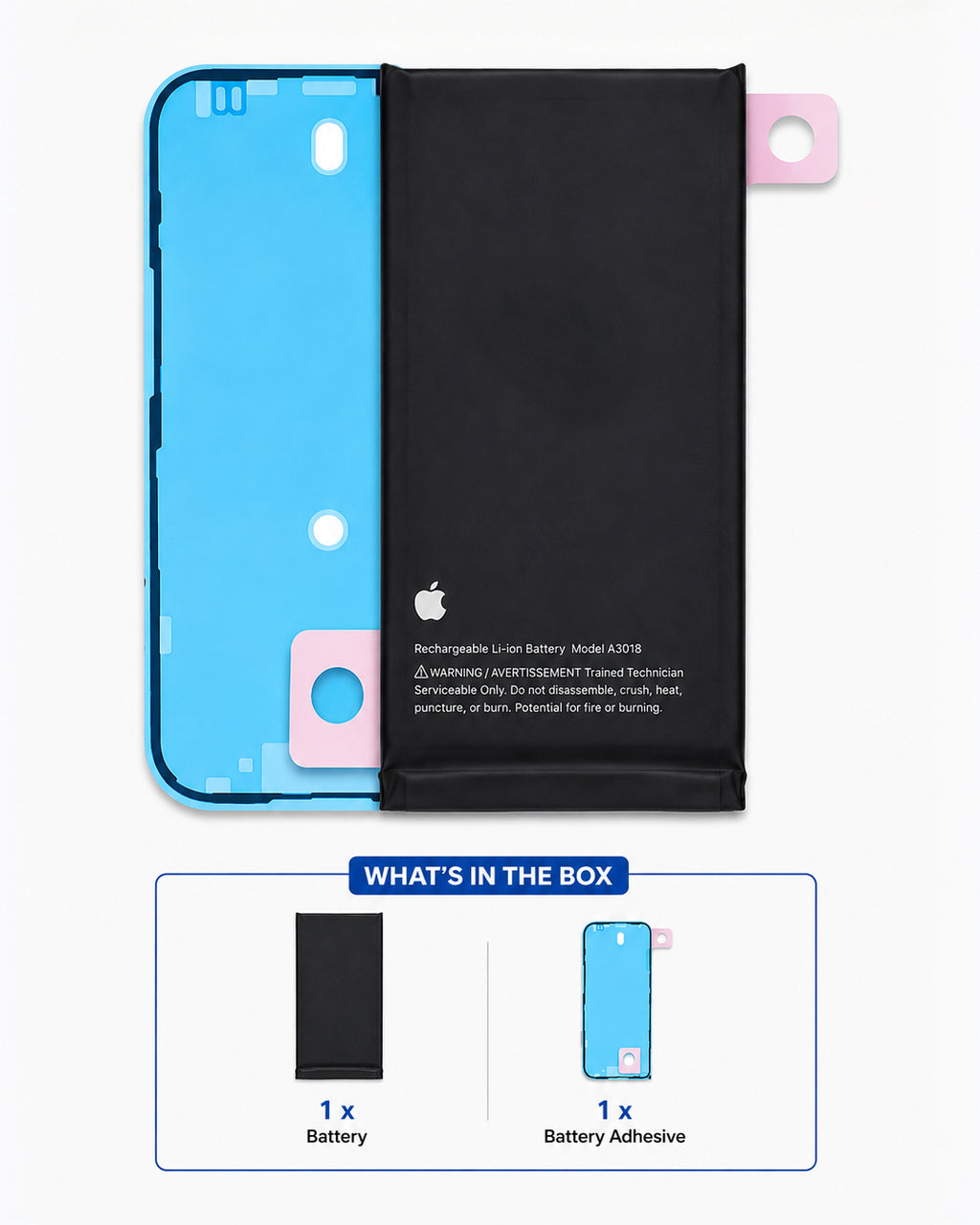 A replacement iPhone battery kit shown on a white background, with a black battery pack and a blue phone body shell, plus a small pink adhesive piece. Below the main product is a 'WHAT'S IN THE BOX' inset showing one battery and one battery adhesive.