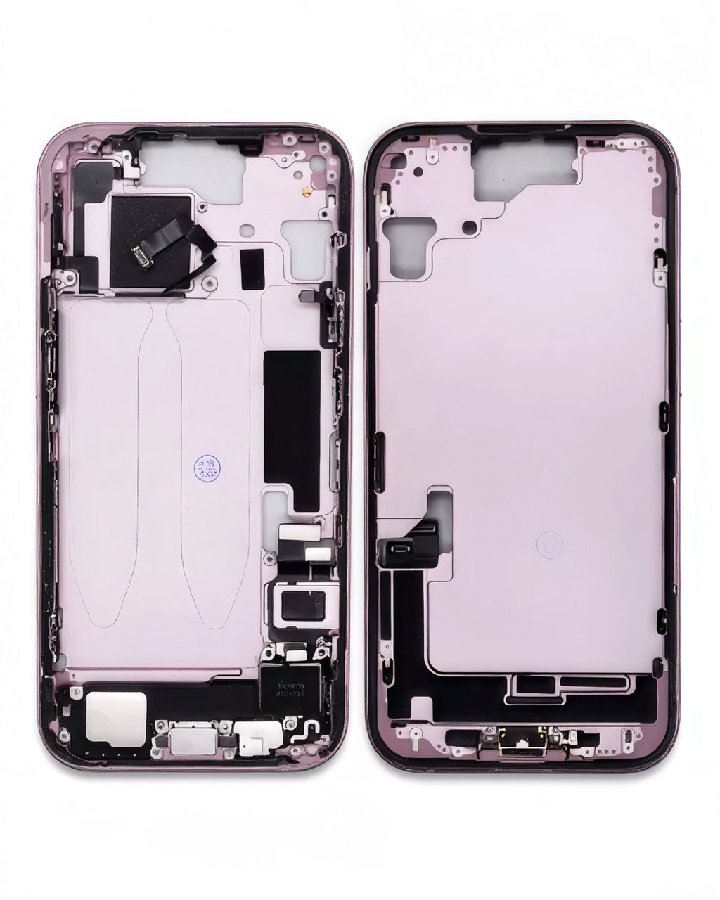 A replacement smartphone front assembly shown from both sides, featuring a light pink inner panel, dark metallic purple outer bumper, and various black internal components, photographed on a clean white background.