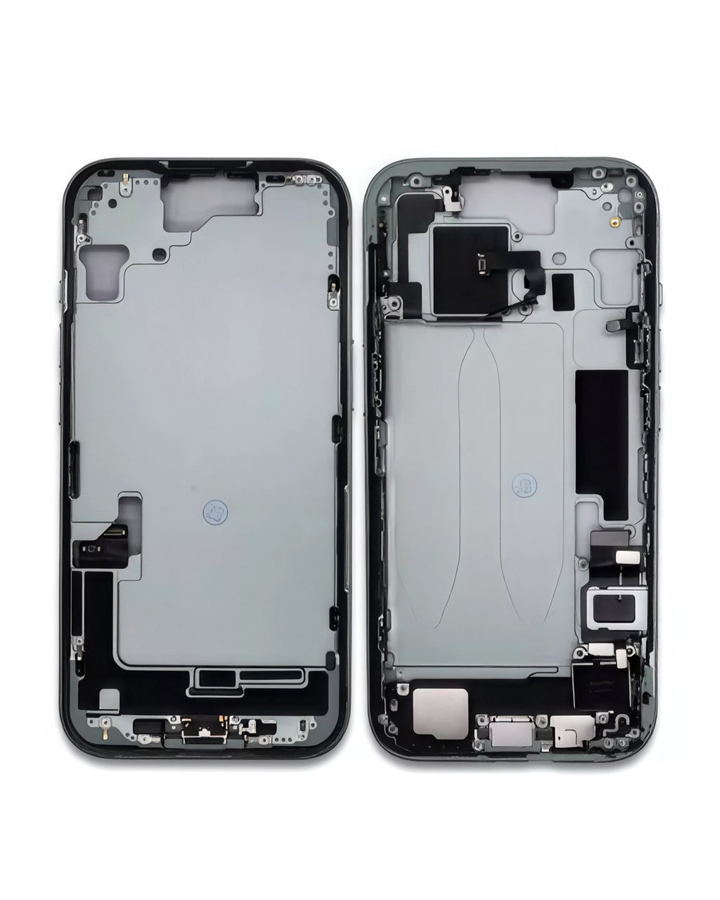 A front and back view of a smartphone replacement outer frame assembly, showing the inner metal and plastic components on a white background.