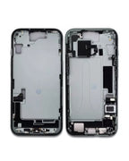 A front and back view of a smartphone replacement outer frame assembly, showing the inner metal and plastic components on a white background.