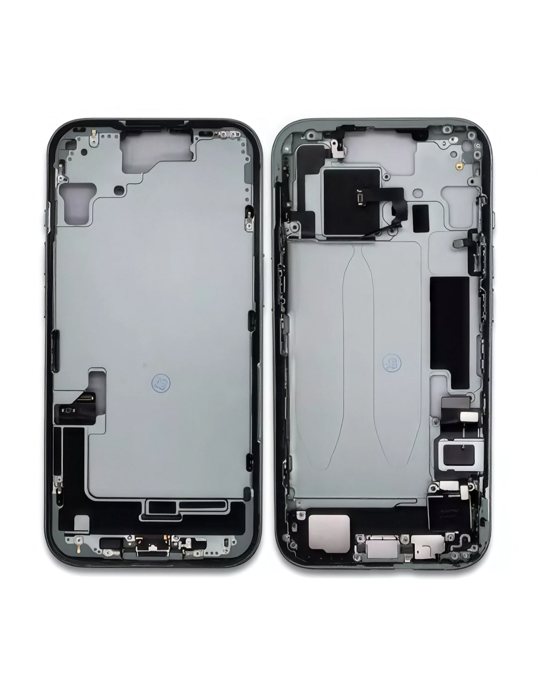 A front and back view of a smartphone replacement outer frame assembly, showing the inner metal and plastic components on a white background.