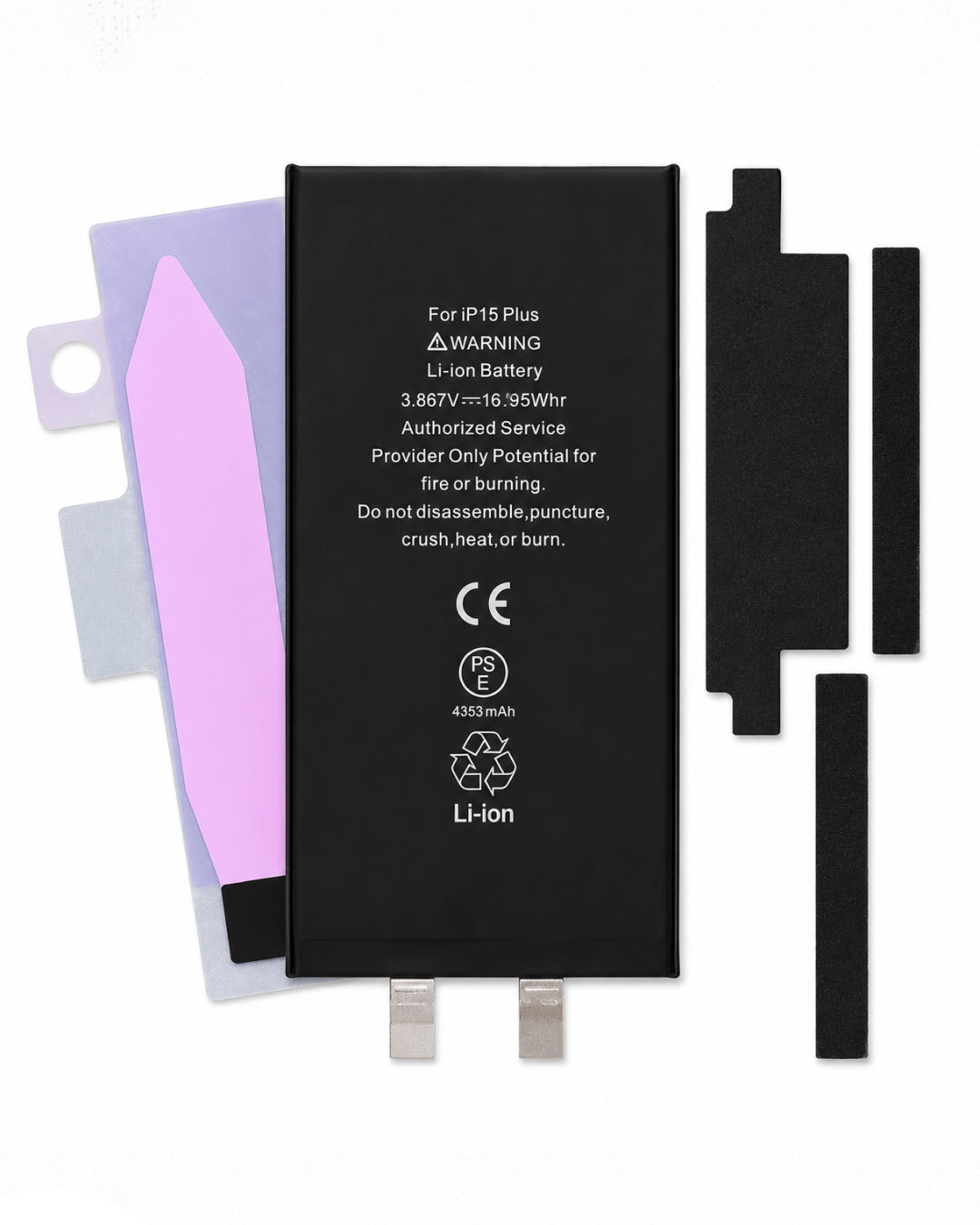 A replacement Li-ion battery for an iPhone 15 Plus, shown with its mounting components, including two black rubber gaskets, two black metal contacts, and protective plastic film sheets in purple and gray.