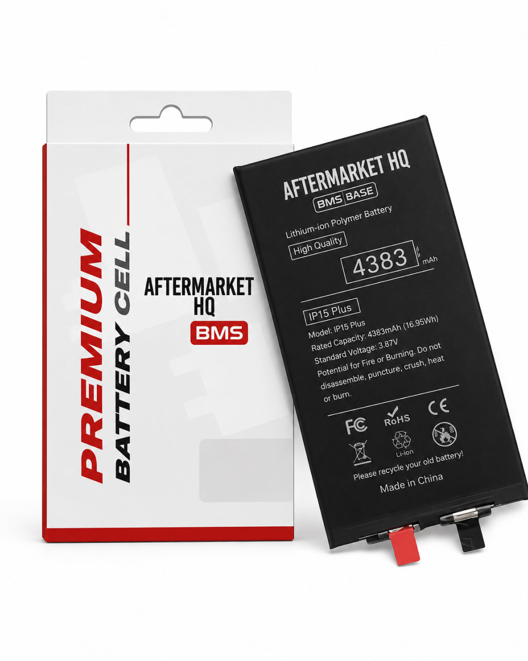 Aftermarket HQ BMS battery cell shown next to its retail packaging box. The battery is black with white text and red terminal connectors, while the box is white with red and black branding.