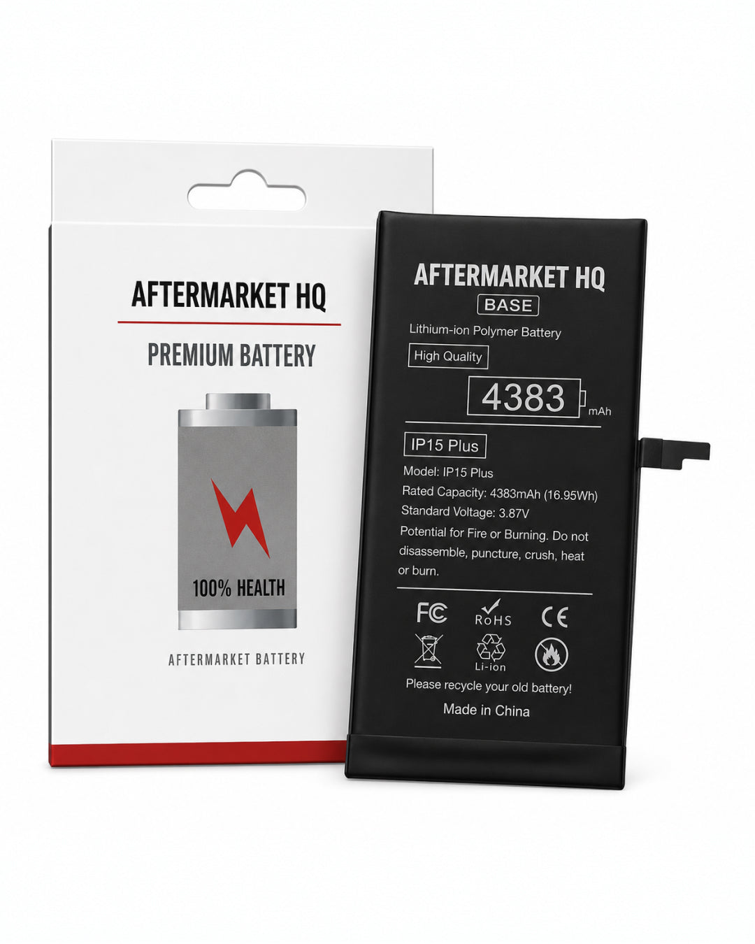 Aftermarket HQ BASE IP15 Plus replacement lithium-ion battery shown next to its original white and red retail packaging box on a clean white background.