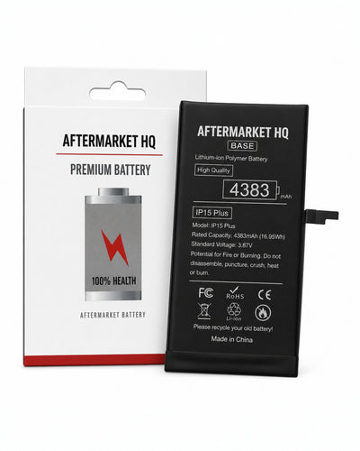 Aftermarket HQ BASE IP15 Plus replacement lithium-ion battery shown next to its original white and red retail packaging box on a clean white background.