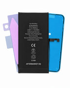 A replacement Li-ion battery pack in black with white printed specifications, shown alongside a blue replacement phone backplate and two purple screen protectors on a white background.