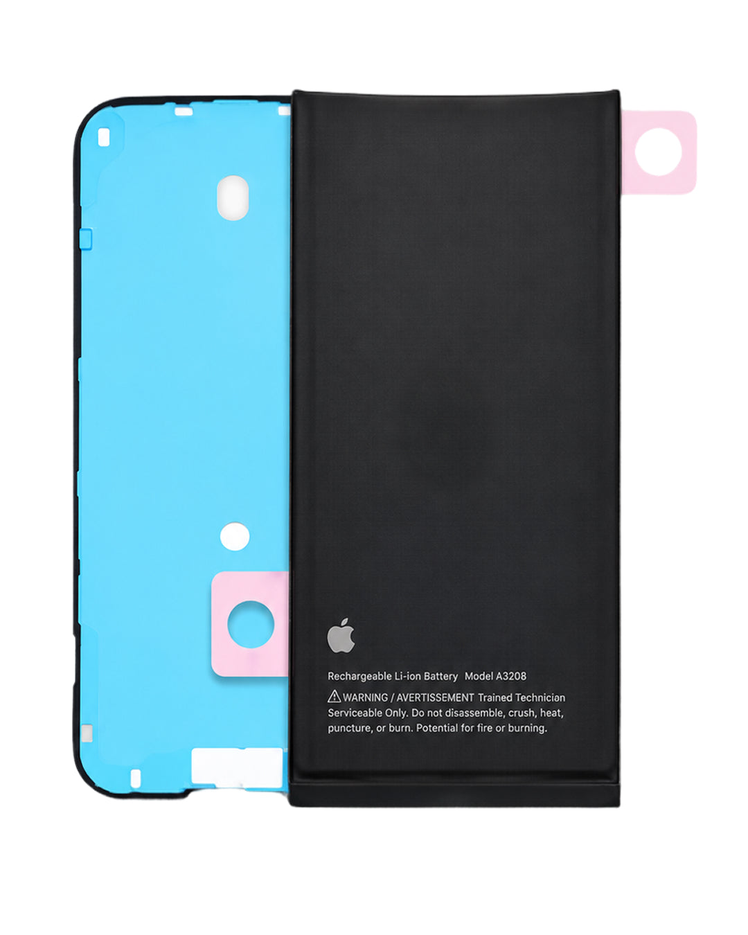 A replacement rechargeable lithium-ion battery for an Apple iPad, showing both the black battery cell and the blue metal terminal frame with pink protective film still on the edges.