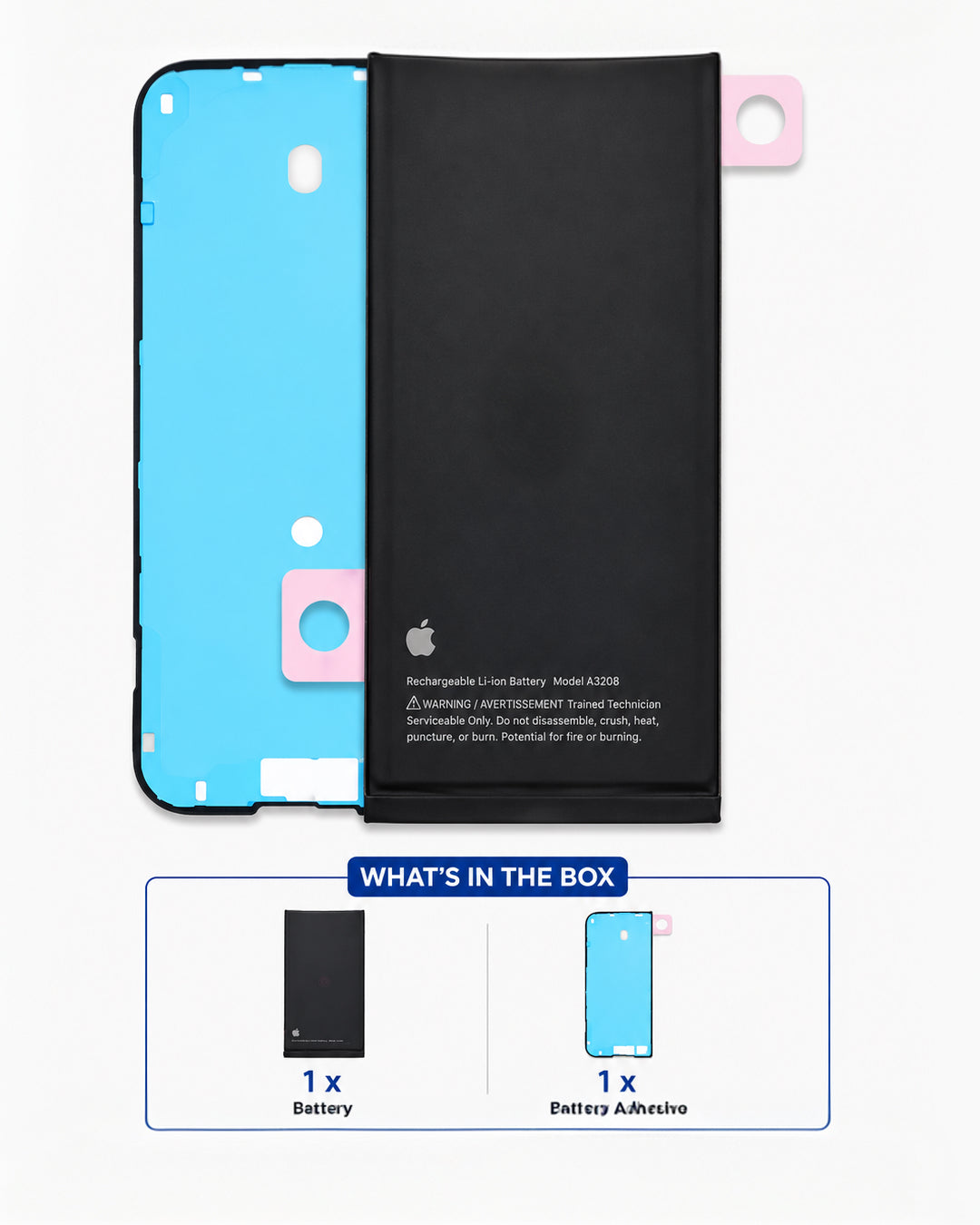 A replacement rechargeable Li-ion battery for an iPhone, shown alongside its light blue protective film and adhesive backing. The battery is black with white printed text and an Apple logo.