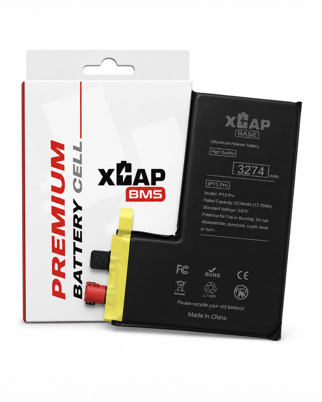 XTAP BMS lithium-ion replacement battery shown next to its retail packaging box. The battery is black with a yellow and red connector plug, and the box is white with red and black text.