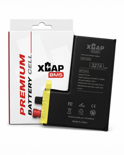 XTAP BMS lithium-ion replacement battery shown next to its retail packaging box. The battery is black with a yellow and red connector plug, and the box is white with red and black text.
