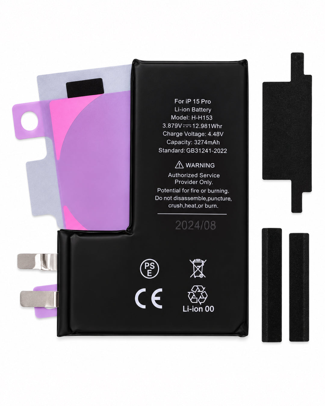 A replacement Li-ion battery for an iPhone 15 Pro, shown with its protective plastic wrap, a pink and purple protective sleeve, and four black terminal connectors on a clean white background.