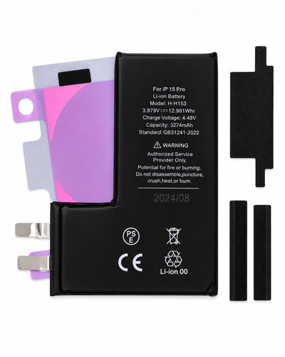 A replacement Li-ion battery for an iPhone 15 Pro, shown with its protective plastic wrap, a pink and purple protective sleeve, and four black terminal connectors on a clean white background.