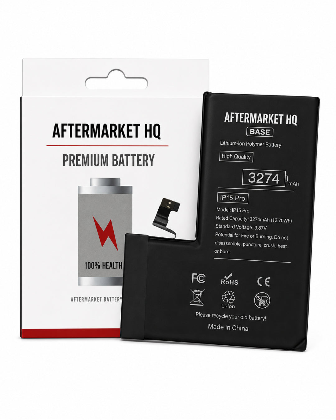 Aftermarket HQ IP15 Pro Base lithium-ion replacement battery shown next to its original white and red retail packaging box on a clean white background.